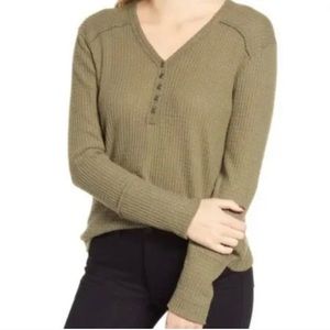 Caslon High Cuff Waffle Henley Top Long Sleeve Shirt Olive Green Size XXL